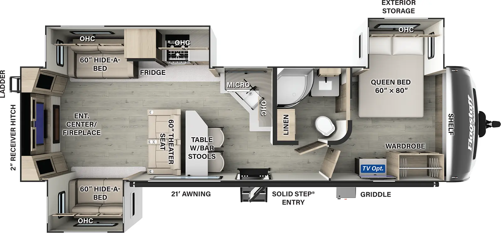 The Flagstaff Super Lite Travel Trailers 29RLS has one entry and three slide outs. Exterior features include: fiberglass exterior and 21' awning. Interiors features include: front bedroom and rear living.